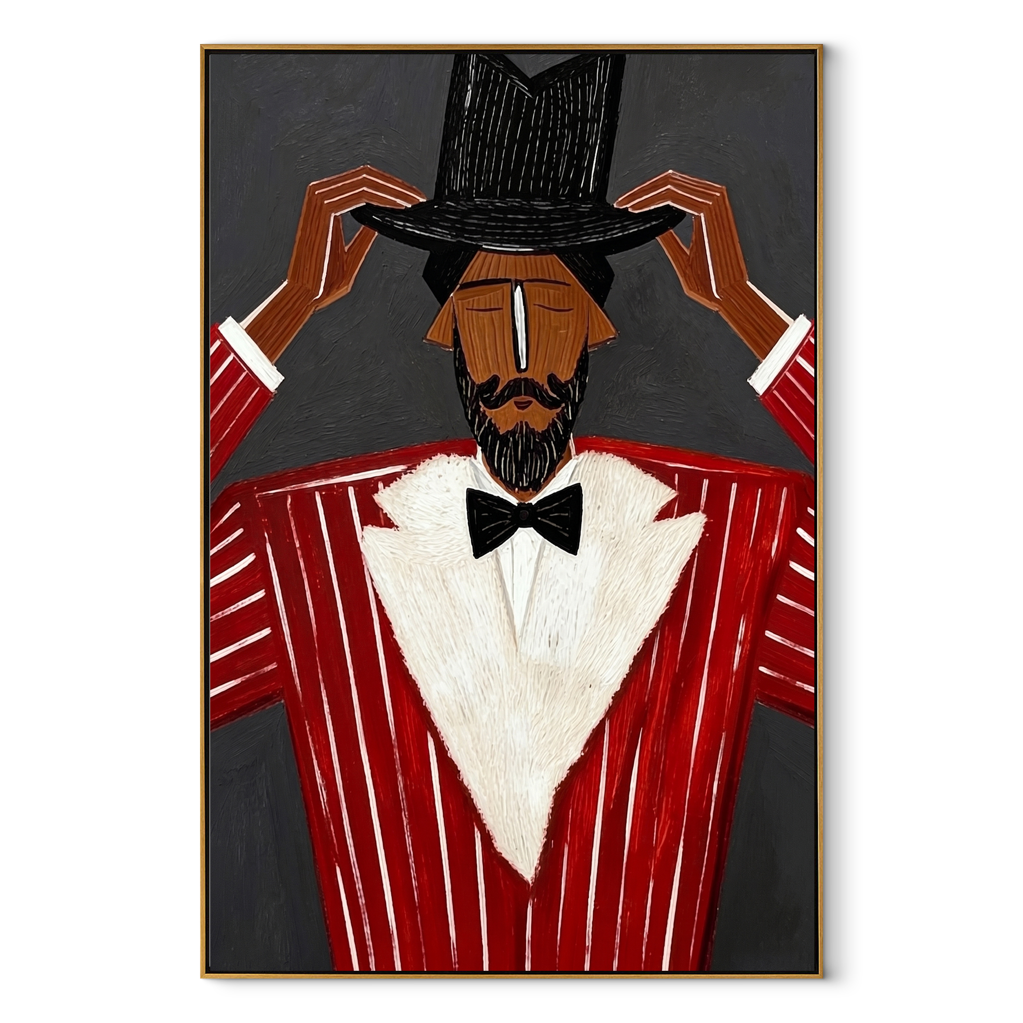 Black Crown Tips Crimson - Top Hat Red Suit Figure painting by Adrian Lee, mid-century modern vertical wall art – wood frame on white background