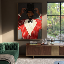 Black Crown Tips Crimson - Top Hat Red Suit Figure painting by Adrian Lee, mid-century modern vertical wall art – styled room scene view 2