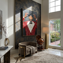 Black Crown Tips Crimson - Top Hat Red Suit Figure painting by Adrian Lee, mid-century modern vertical wall art – styled room scene view 3