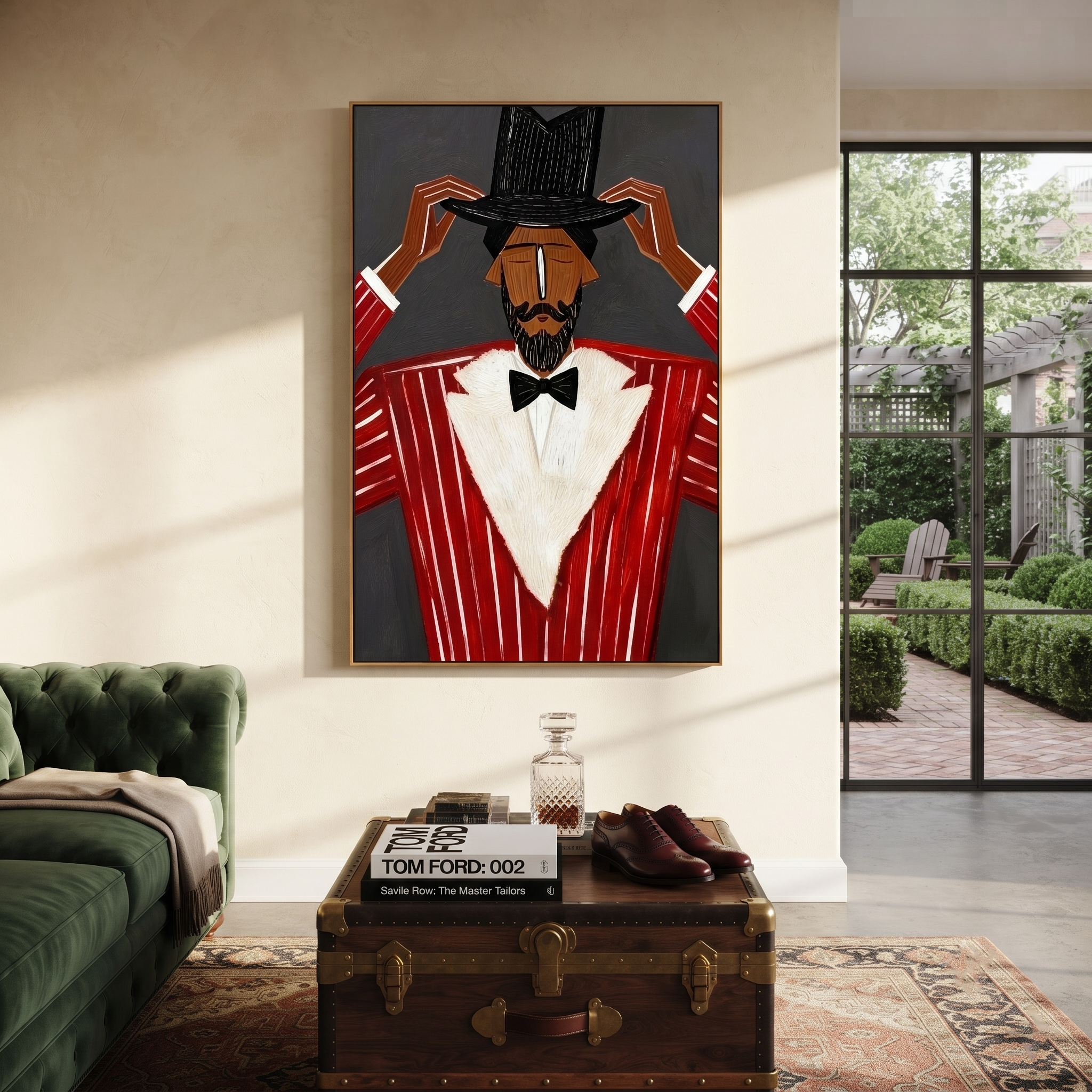 Black Crown Tips Crimson - Top Hat Red Suit Figure painting by Adrian Lee, mid-century modern vertical wall art – styled room scene view 4