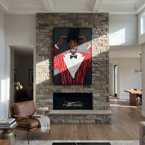 Black Crown Tips Crimson - Top Hat Red Suit Figure painting by Adrian Lee, mid-century modern vertical wall art – styled room scene view 5