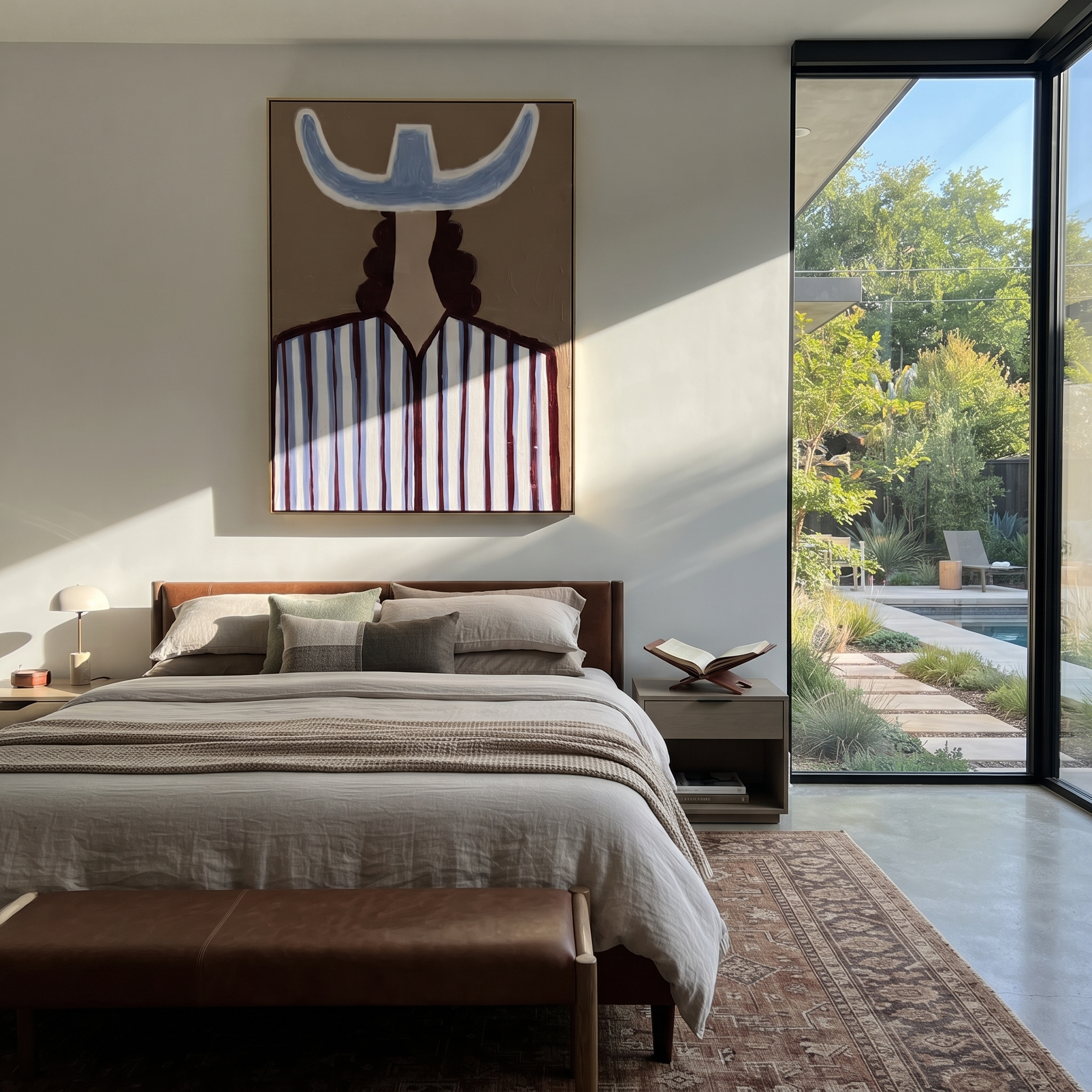 Blue Crown Faces Away - Back View Blue Hat Figure painting by Adrian Lee, mid-century modern vertical wall art – styled room scene view 1