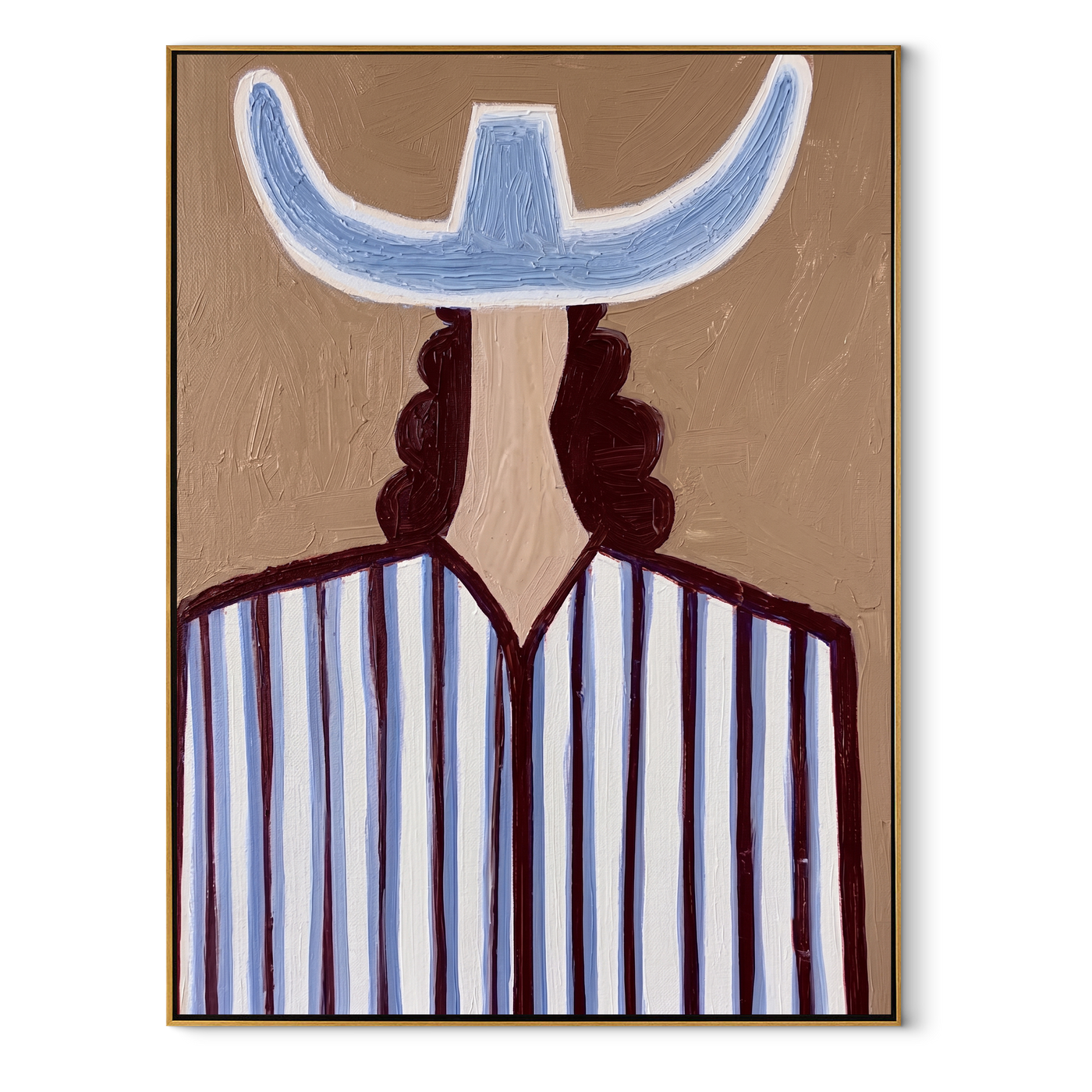 Blue Crown Faces Away - Back View Blue Hat Figure painting by Adrian Lee, mid-century modern vertical wall art – wood frame on white background