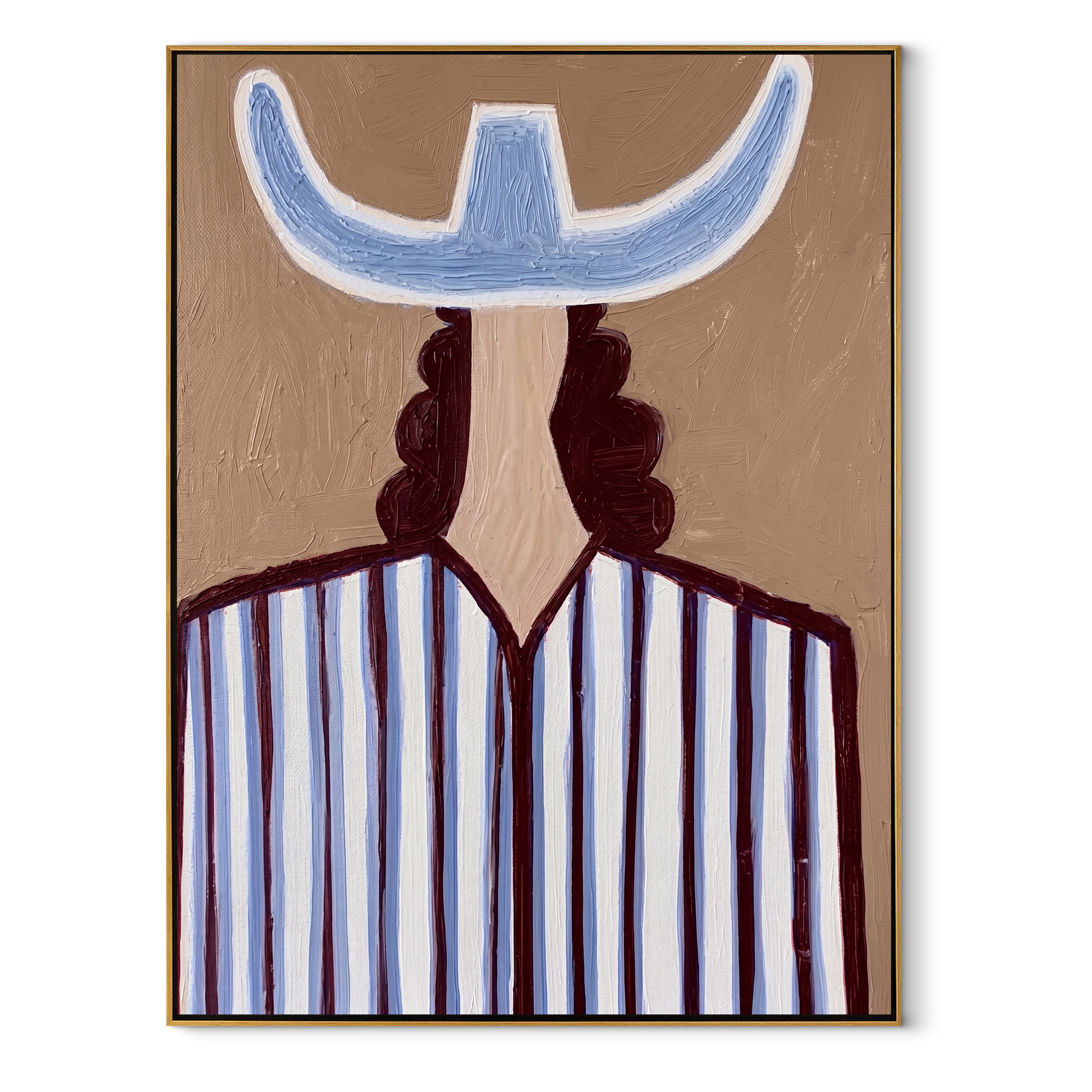 Blue Crown Faces Away - Back View Blue Hat Figure painting by Adrian Lee, mid-century modern vertical wall art – wood frame on white background