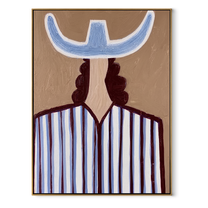 Blue Crown Faces Away - Back View Blue Hat Figure painting by Adrian Lee, mid-century modern vertical wall art – wood frame on white background