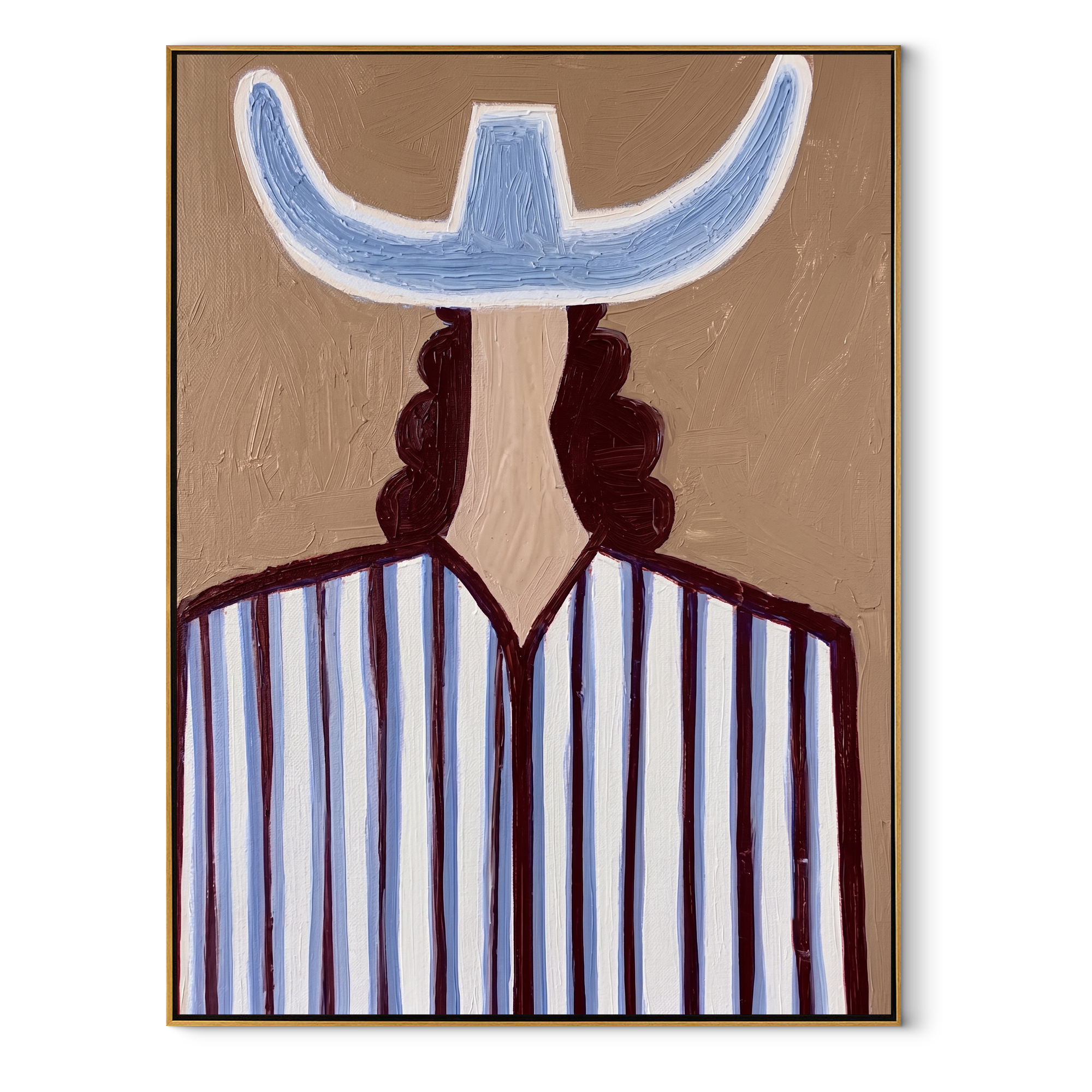Blue Crown Faces Away - Back View Blue Hat Figure painting by Adrian Lee, mid-century modern vertical wall art – wood frame on white background