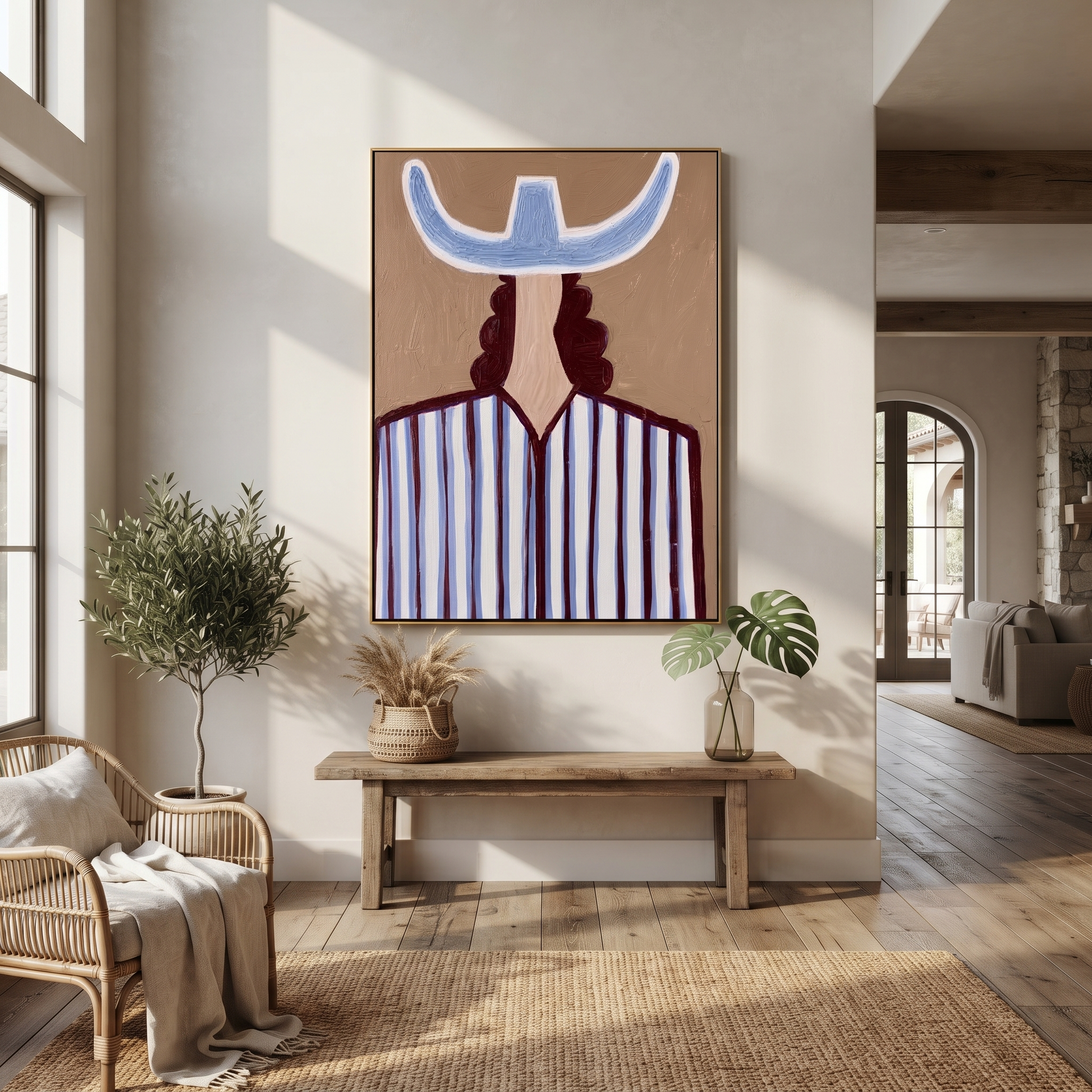 Blue Crown Faces Away - Back View Blue Hat Figure painting by Adrian Lee, mid-century modern vertical wall art – styled room scene view 3
