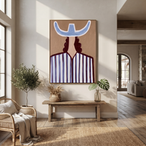 Blue Crown Faces Away - Back View Blue Hat Figure painting by Adrian Lee, mid-century modern vertical wall art – styled room scene view 3