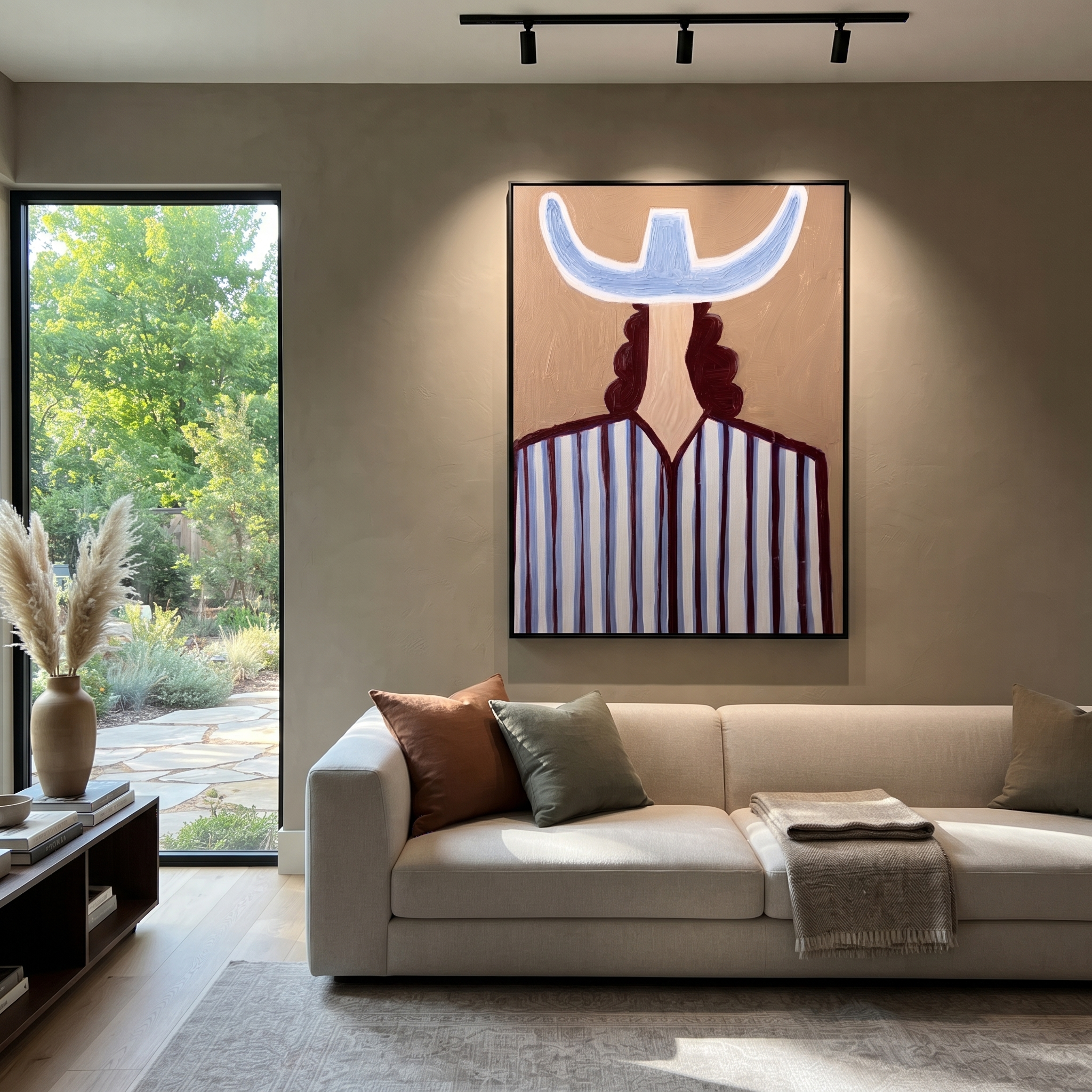Blue Crown Faces Away - Back View Blue Hat Figure painting by Adrian Lee, mid-century modern vertical wall art – styled room scene view 5
