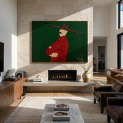 Scarlet Profile Crosses Forest - Red Suit Side Profile painting by Adrian Lee, mid-century modern horizontal wall art – styled room scene view 1