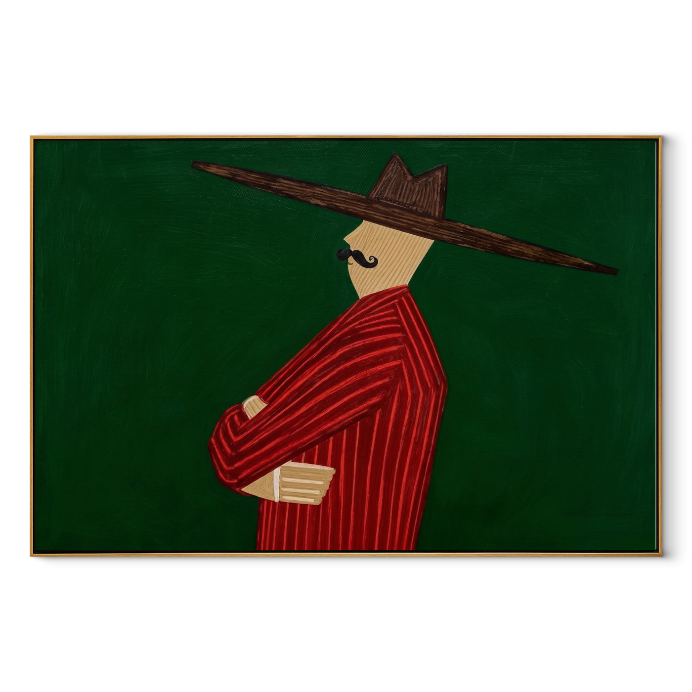 Scarlet Profile Crosses Forest - Red Suit Side Profile painting by Adrian Lee, mid-century modern horizontal wall art – wood frame on white background