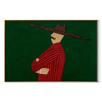 Scarlet Profile Crosses Forest - Red Suit Side Profile painting by Adrian Lee, mid-century modern horizontal wall art – wood frame on white background