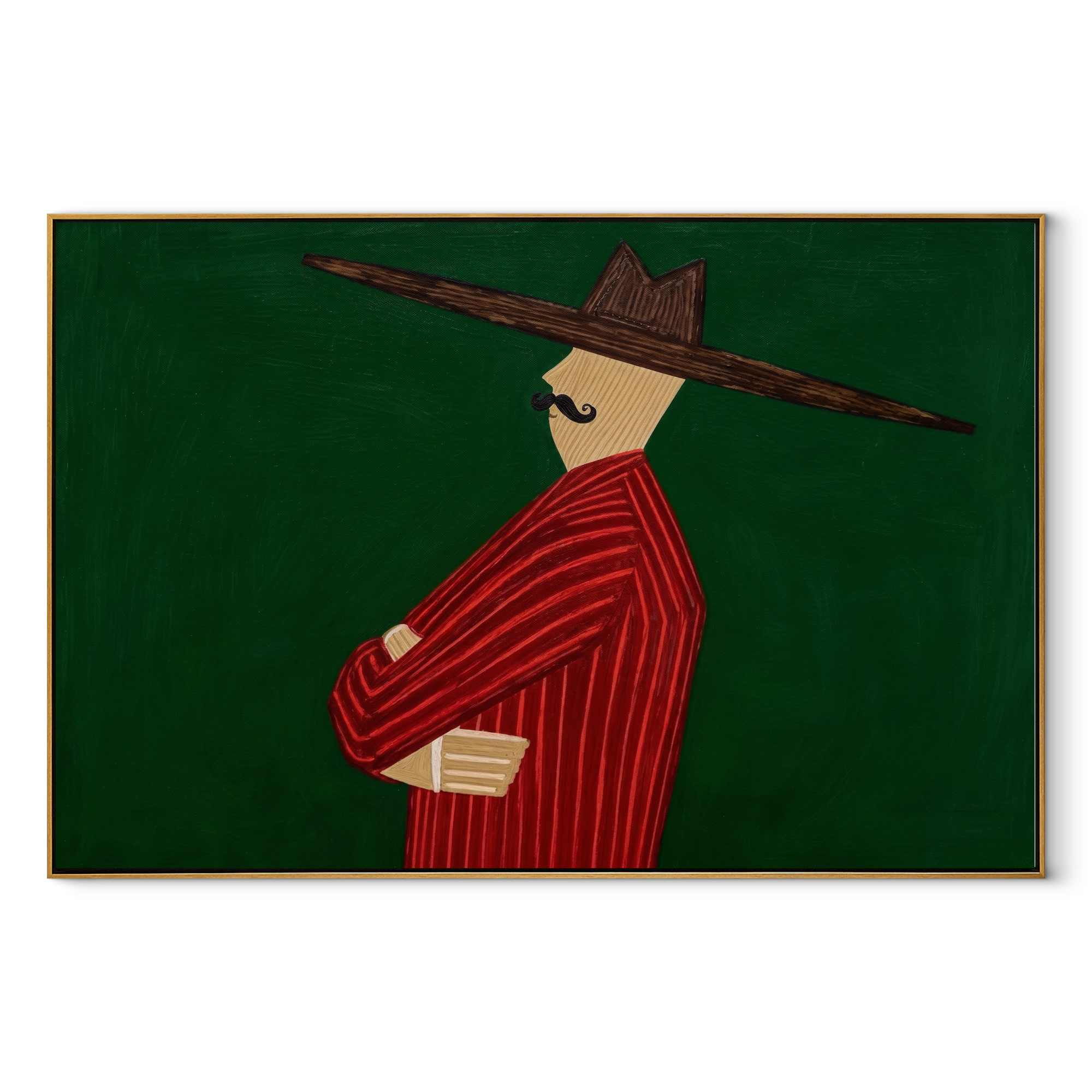 Scarlet Profile Crosses Forest - Red Suit Side Profile painting by Adrian Lee, mid-century modern horizontal wall art – wood frame on white background