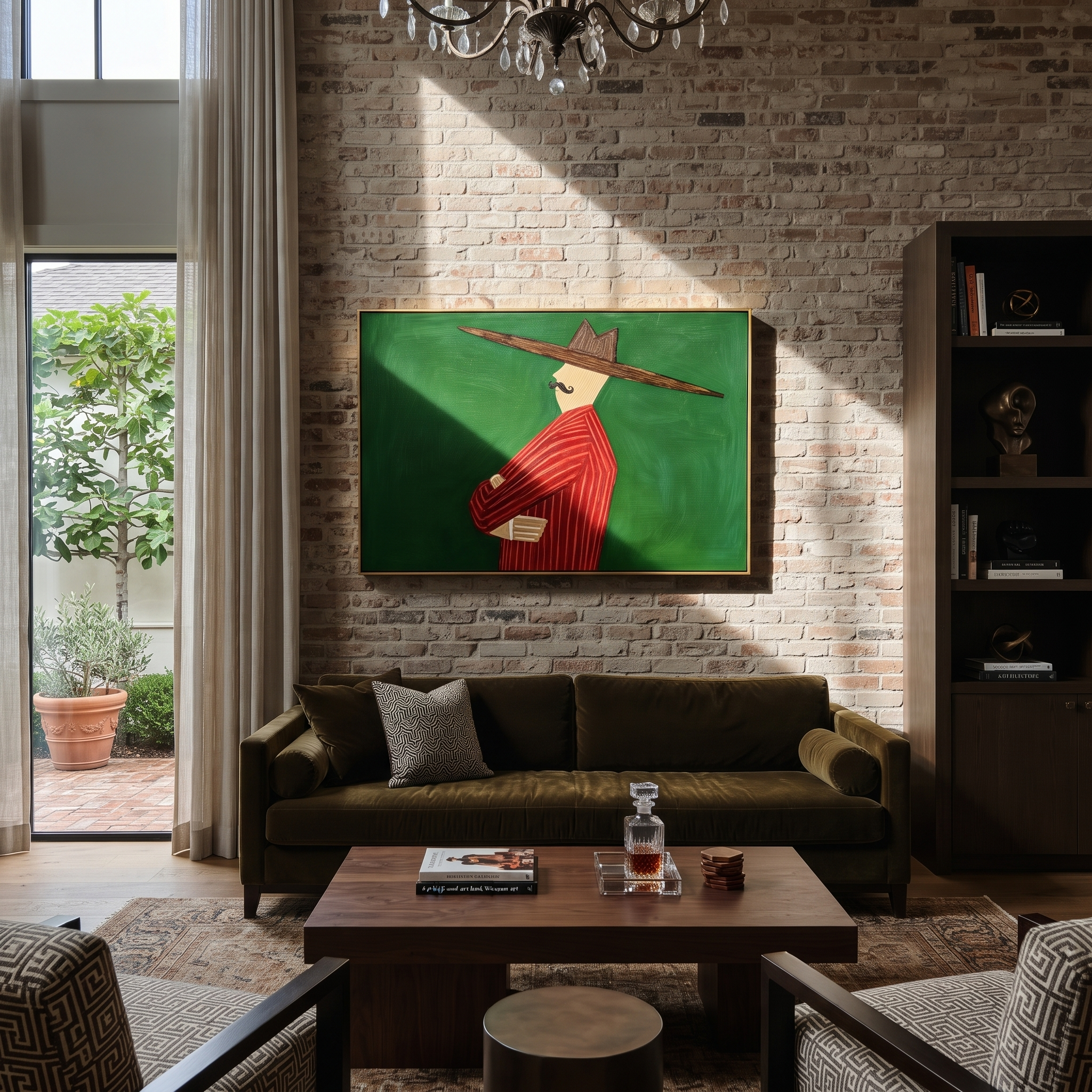 Scarlet Profile Crosses Forest - Red Suit Side Profile painting by Adrian Lee, mid-century modern horizontal wall art – styled room scene view 2