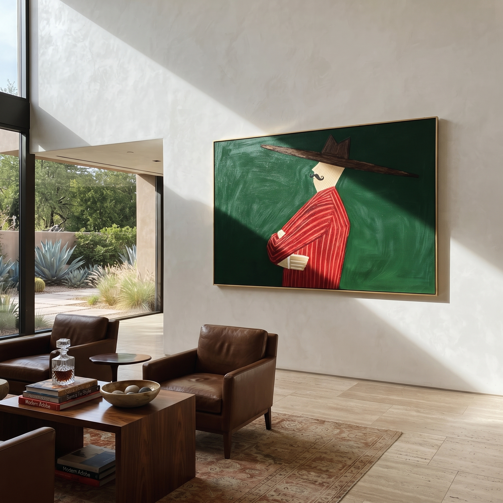 Scarlet Profile Crosses Forest - Red Suit Side Profile painting by Adrian Lee, mid-century modern horizontal wall art – styled room scene view 3