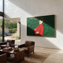 Scarlet Profile Crosses Forest - Red Suit Side Profile painting by Adrian Lee, mid-century modern horizontal wall art – styled room scene view 3
