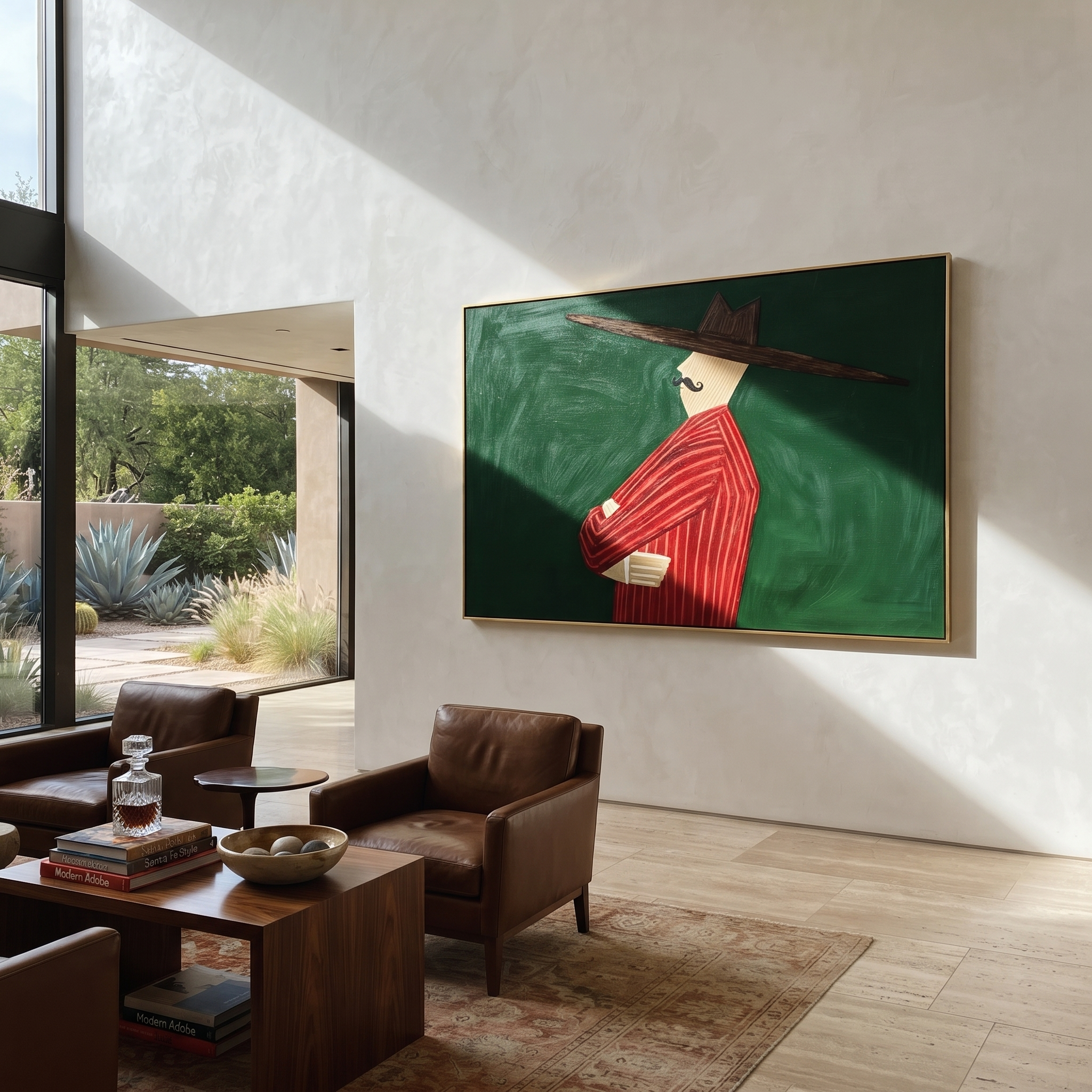 Scarlet Profile Crosses Forest - Red Suit Side Profile painting by Adrian Lee, mid-century modern horizontal wall art – styled room scene view 3
