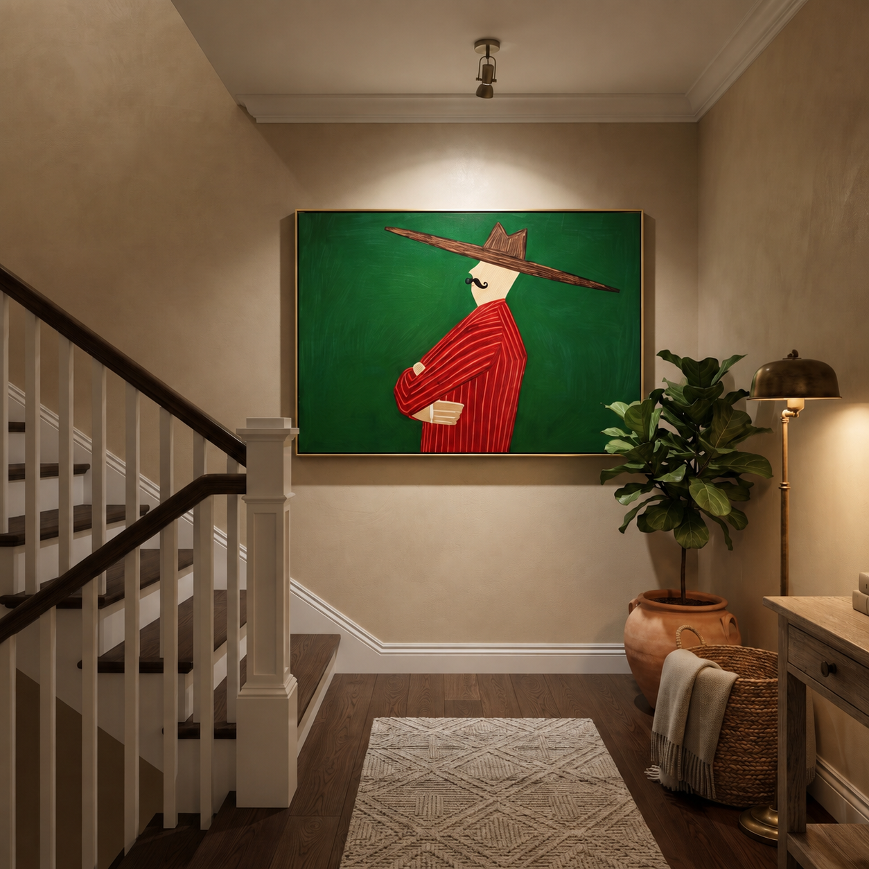 Scarlet Profile Crosses Forest - Red Suit Side Profile painting by Adrian Lee, mid-century modern horizontal wall art – styled room scene view 4