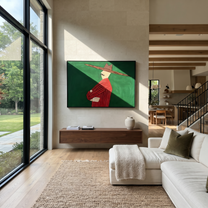 Scarlet Profile Crosses Forest - Red Suit Side Profile painting by Adrian Lee, mid-century modern horizontal wall art – styled room scene view 5