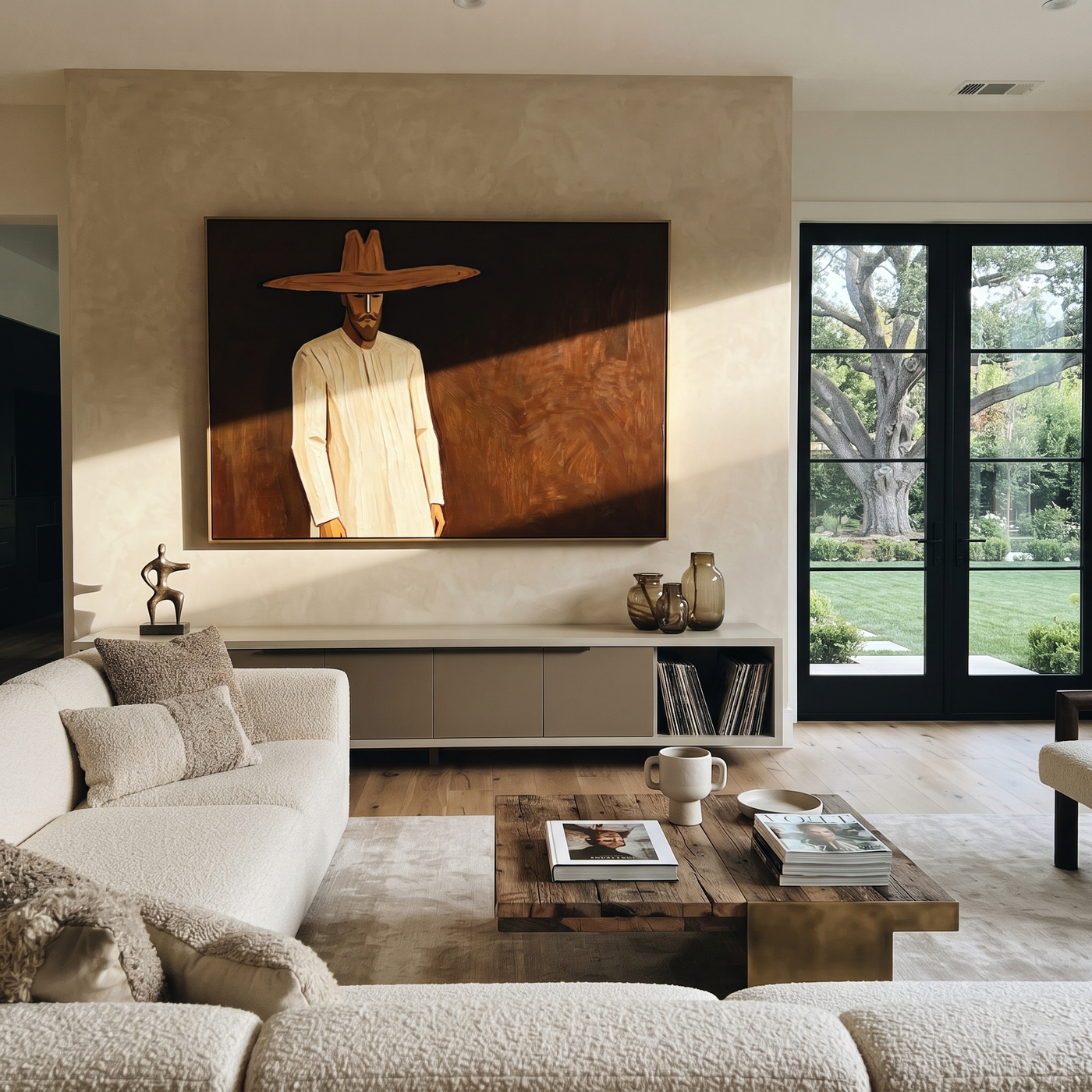 Golden Figure Walks Umber - Cream Hat Figure painting by Adrian Lee, mid-century modern horizontal wall art – styled room scene view 1