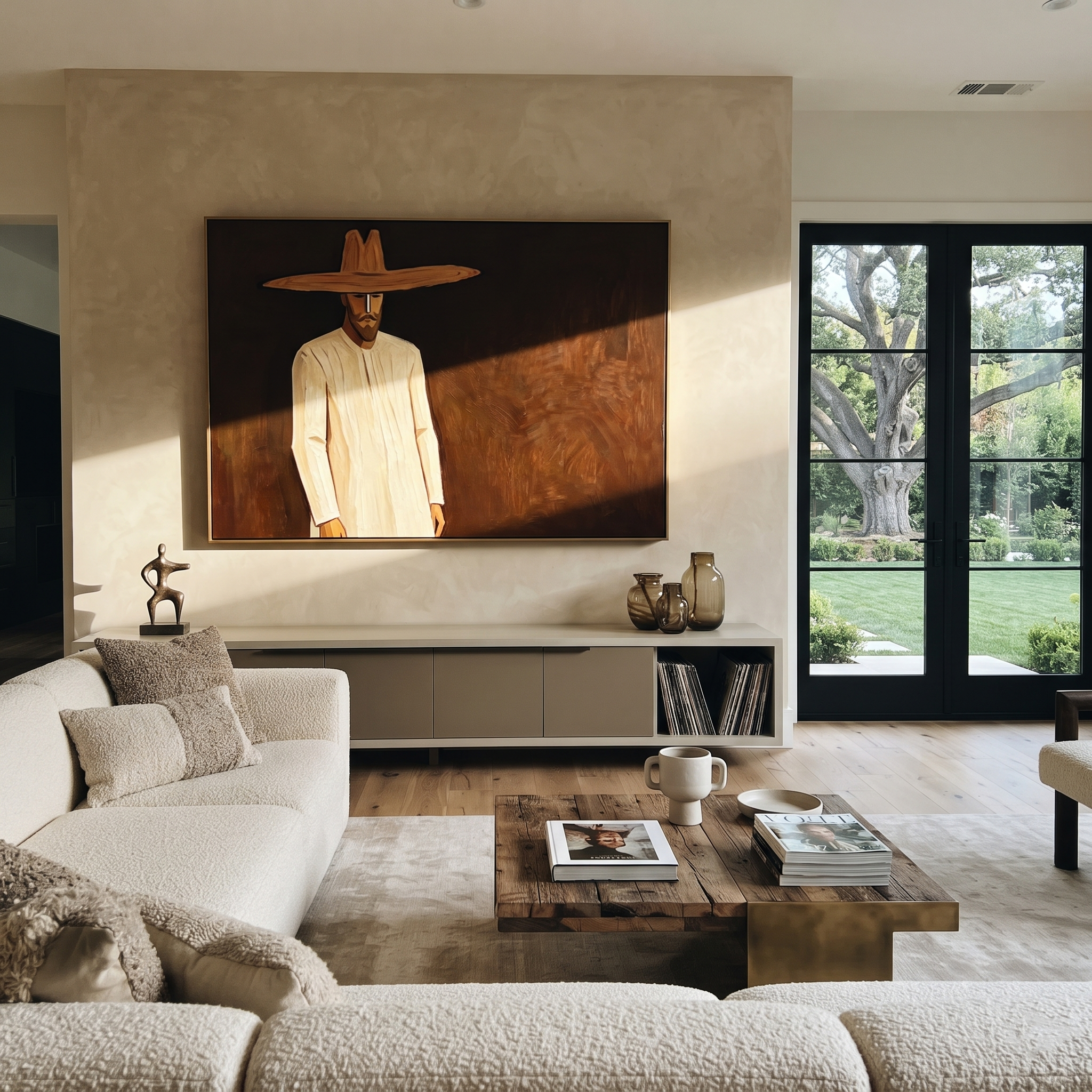 Golden Figure Walks Umber - Cream Hat Figure painting by Adrian Lee, mid-century modern horizontal wall art – styled room scene view 1