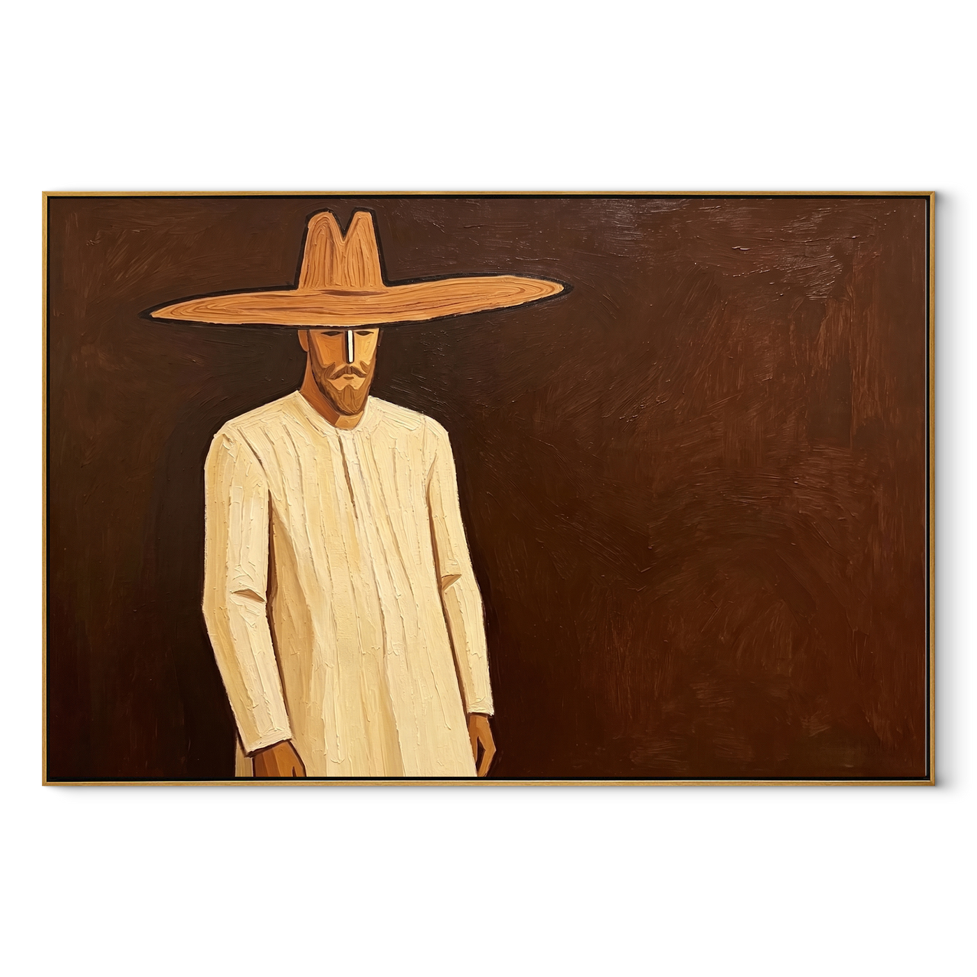 Golden Figure Walks Umber - Cream Hat Figure painting by Adrian Lee, mid-century modern horizontal wall art – wood frame on white background