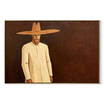 Golden Figure Walks Umber - Cream Hat Figure painting by Adrian Lee, mid-century modern horizontal wall art – wood frame on white background