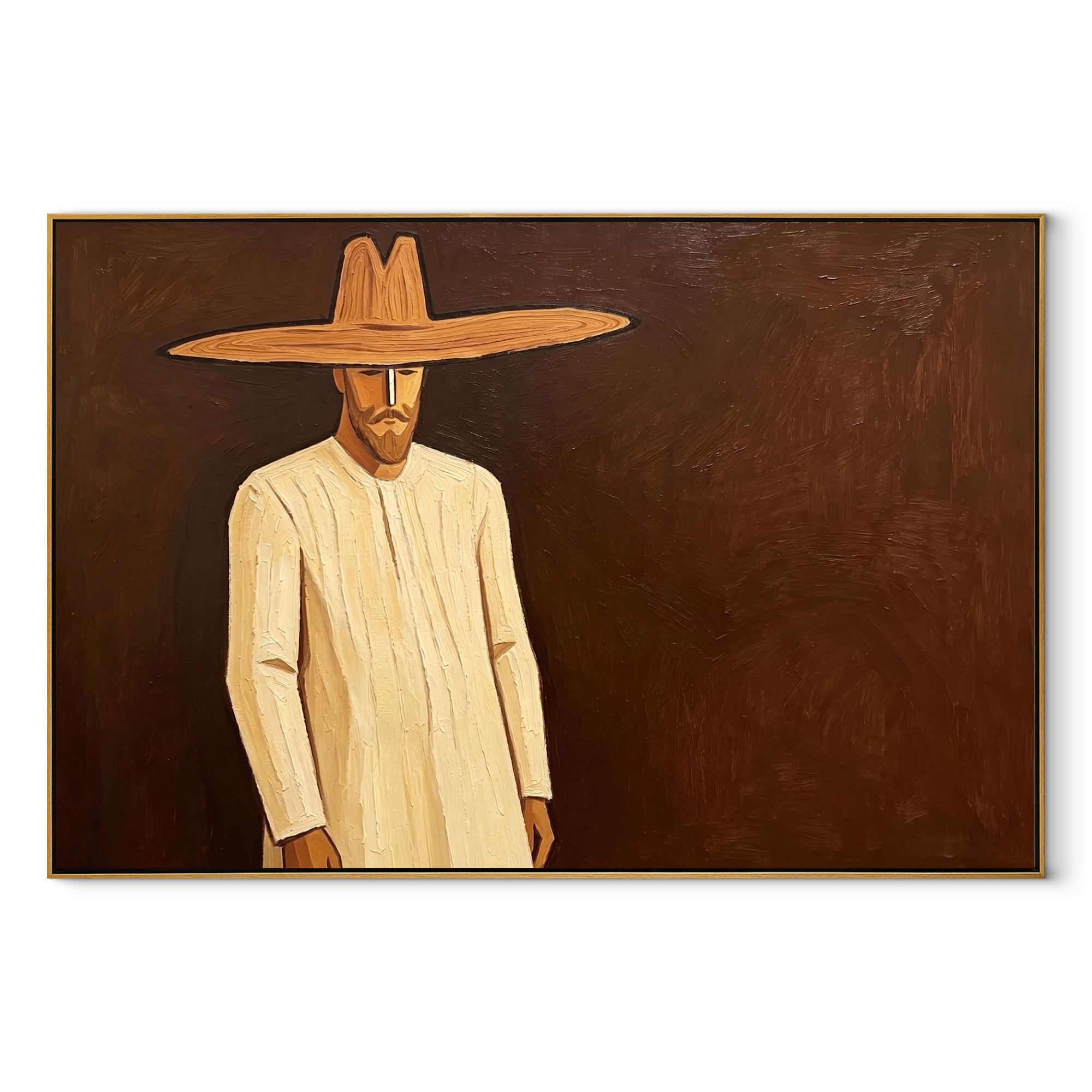 Golden Figure Walks Umber - Cream Hat Figure painting by Adrian Lee, mid-century modern horizontal wall art – wood frame on white background