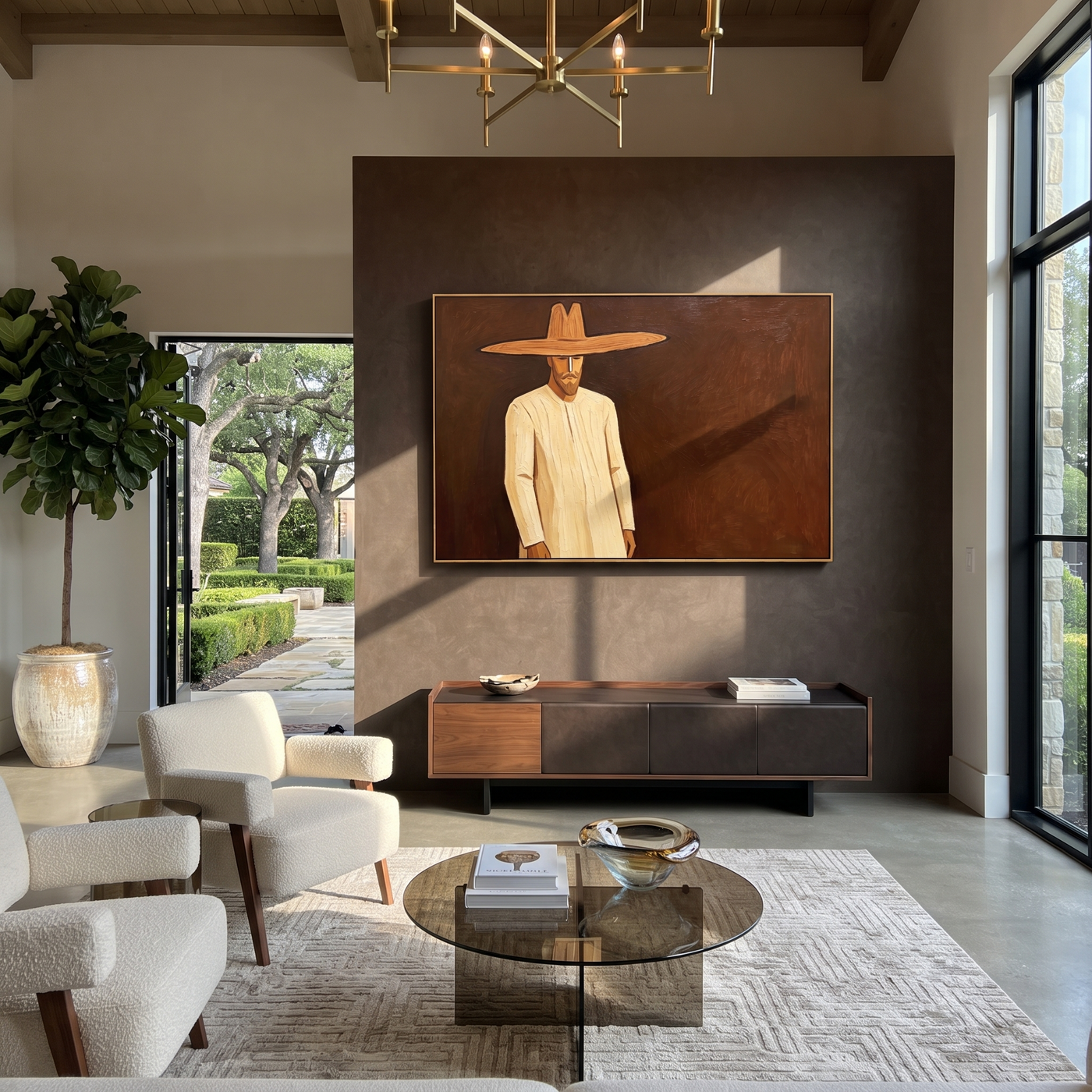 Golden Figure Walks Umber - Cream Hat Figure painting by Adrian Lee, mid-century modern horizontal wall art – styled room scene view 2