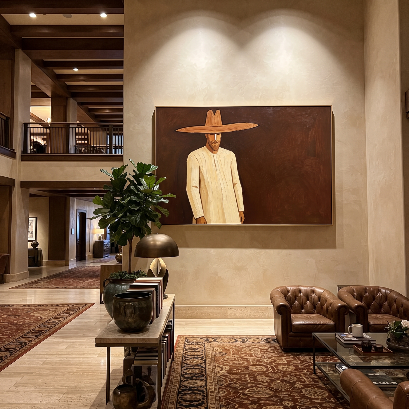 Golden Figure Walks Umber - Cream Hat Figure painting by Adrian Lee, mid-century modern horizontal wall art – styled room scene view 3