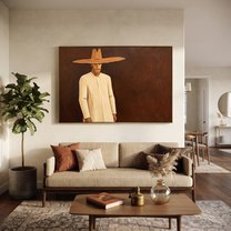Golden Figure Walks Umber - Cream Hat Figure painting by Adrian Lee, mid-century modern horizontal wall art – styled room scene view 4