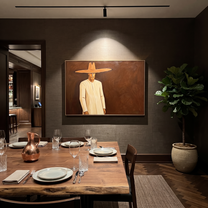 Golden Figure Walks Umber - Cream Hat Figure painting by Adrian Lee, mid-century modern horizontal wall art – styled room scene view 5