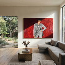 Black Stripes Challenge Crimson - Pinstripe Beret Figure painting by Adrian Lee, mid-century modern horizontal wall art – styled room scene view 1
