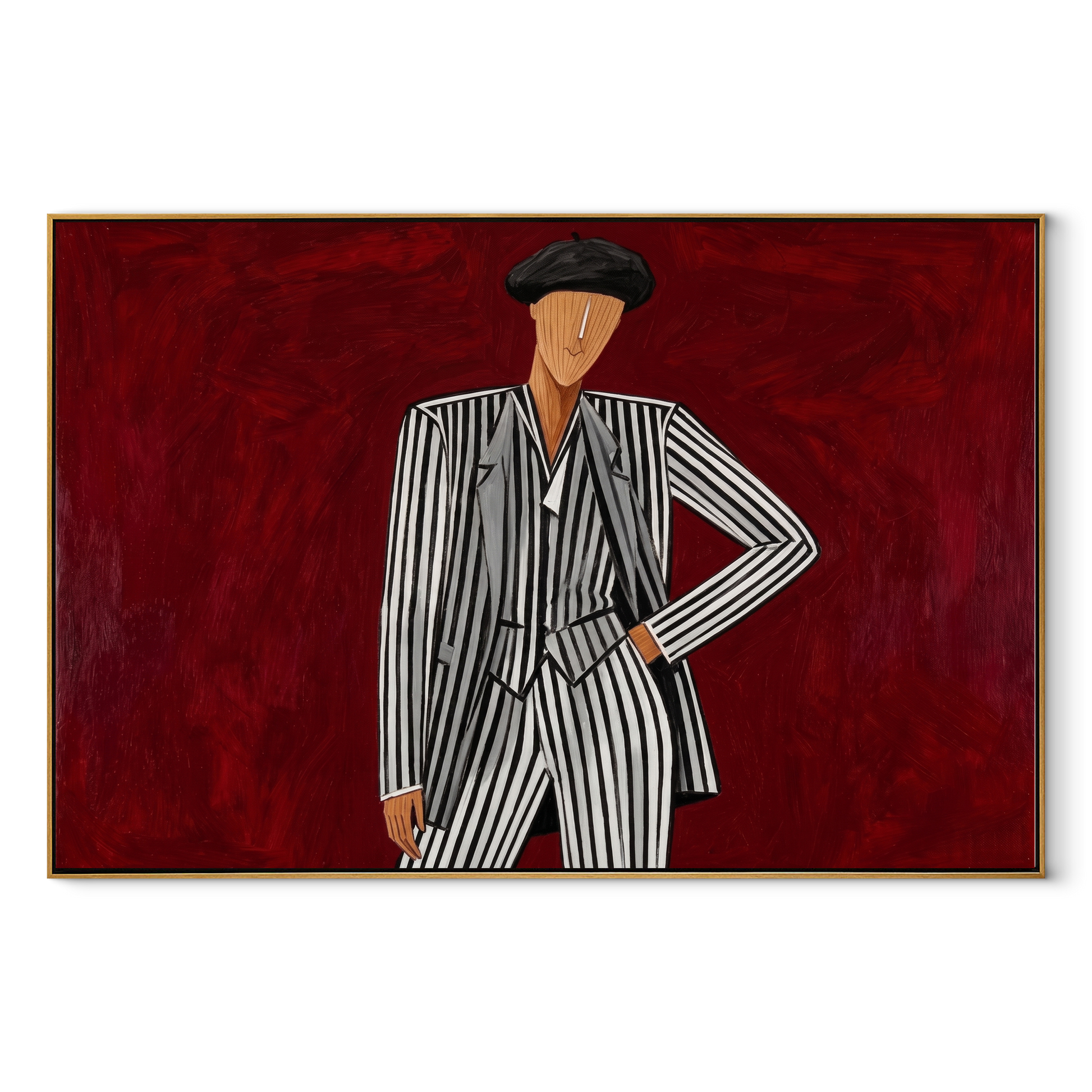 Black Stripes Challenge Crimson - Pinstripe Beret Figure painting by Adrian Lee, mid-century modern horizontal wall art – wood frame on white background
