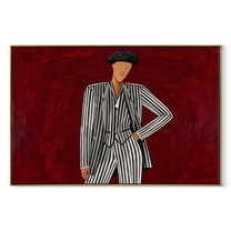 Black Stripes Challenge Crimson - Pinstripe Beret Figure painting by Adrian Lee, mid-century modern horizontal wall art – wood frame on white background