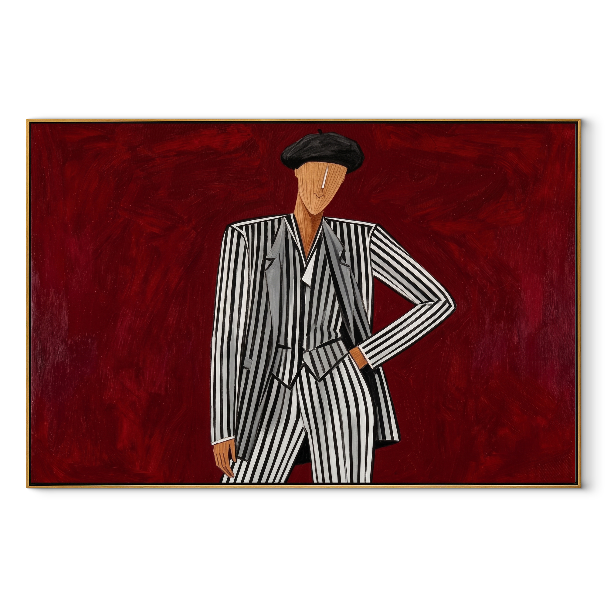 Black Stripes Challenge Crimson - Pinstripe Beret Figure painting by Adrian Lee, mid-century modern horizontal wall art – wood frame on white background