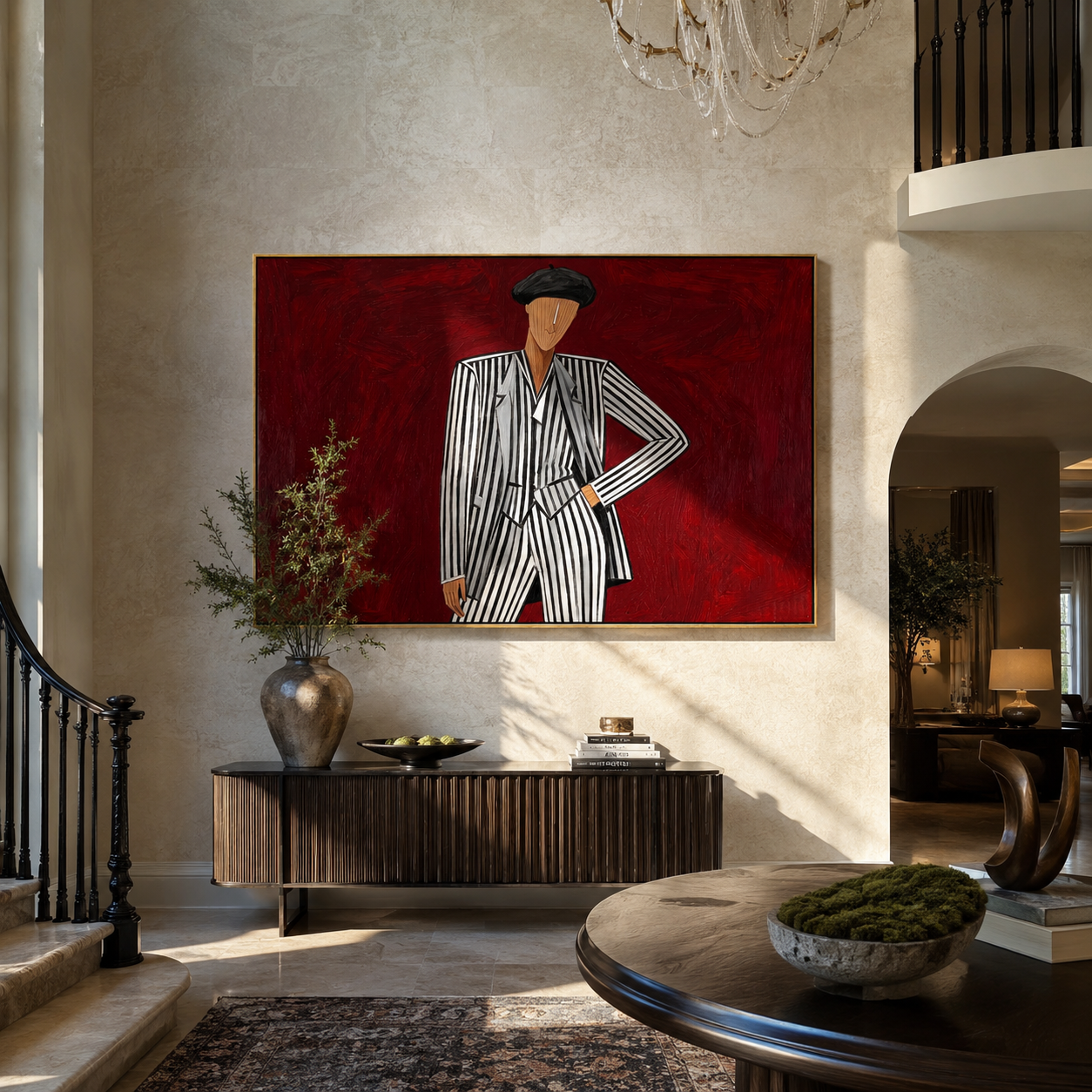 Black Stripes Challenge Crimson - Pinstripe Beret Figure painting by Adrian Lee, mid-century modern horizontal wall art – styled room scene view 2