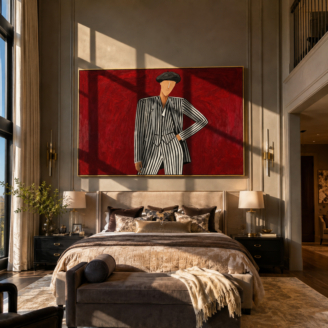 Black Stripes Challenge Crimson - Pinstripe Beret Figure painting by Adrian Lee, mid-century modern horizontal wall art – styled room scene view 3