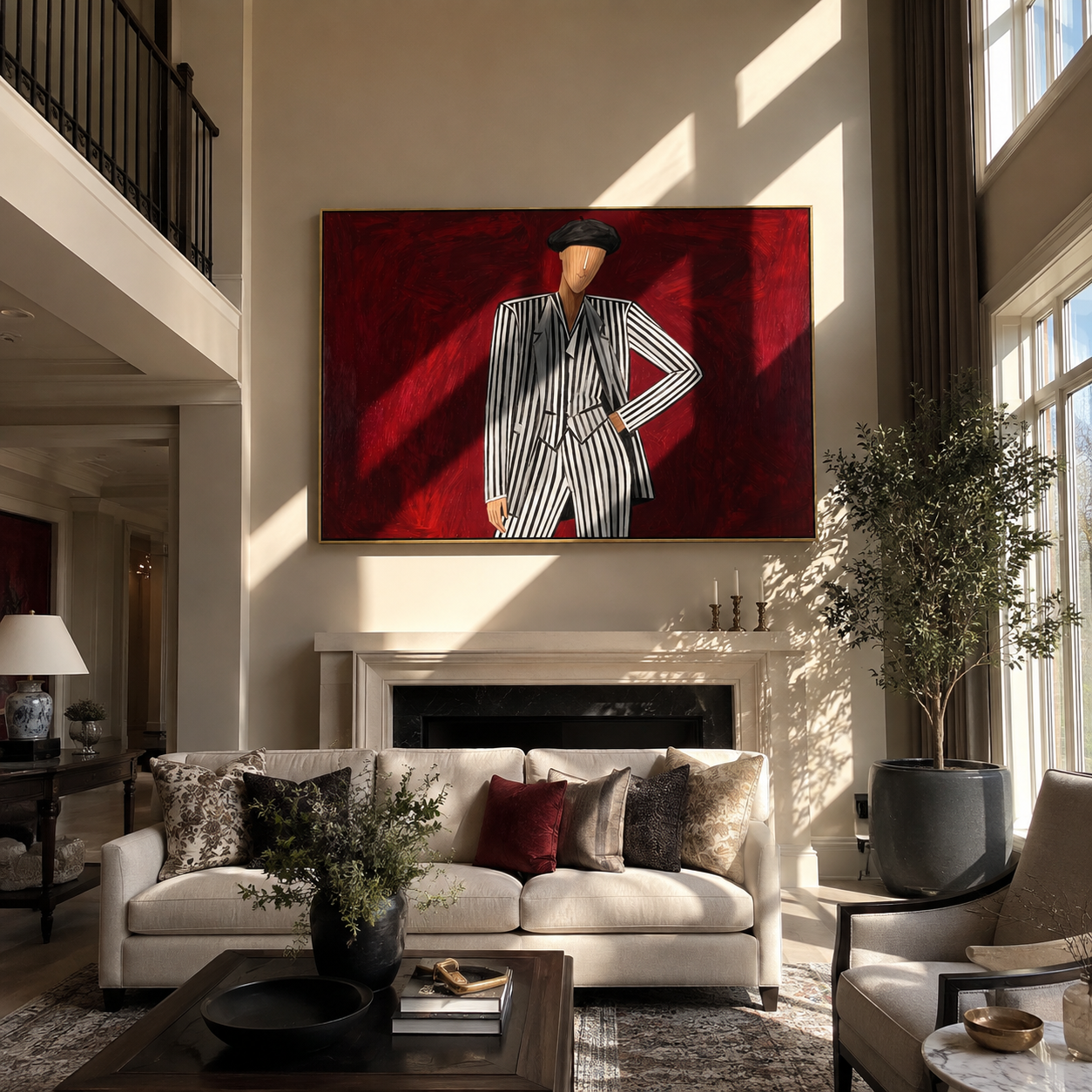 Black Stripes Challenge Crimson - Pinstripe Beret Figure painting by Adrian Lee, mid-century modern horizontal wall art – styled room scene view 4