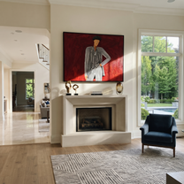 Black Stripes Challenge Crimson - Pinstripe Beret Figure painting by Adrian Lee, mid-century modern horizontal wall art – styled room scene view 5