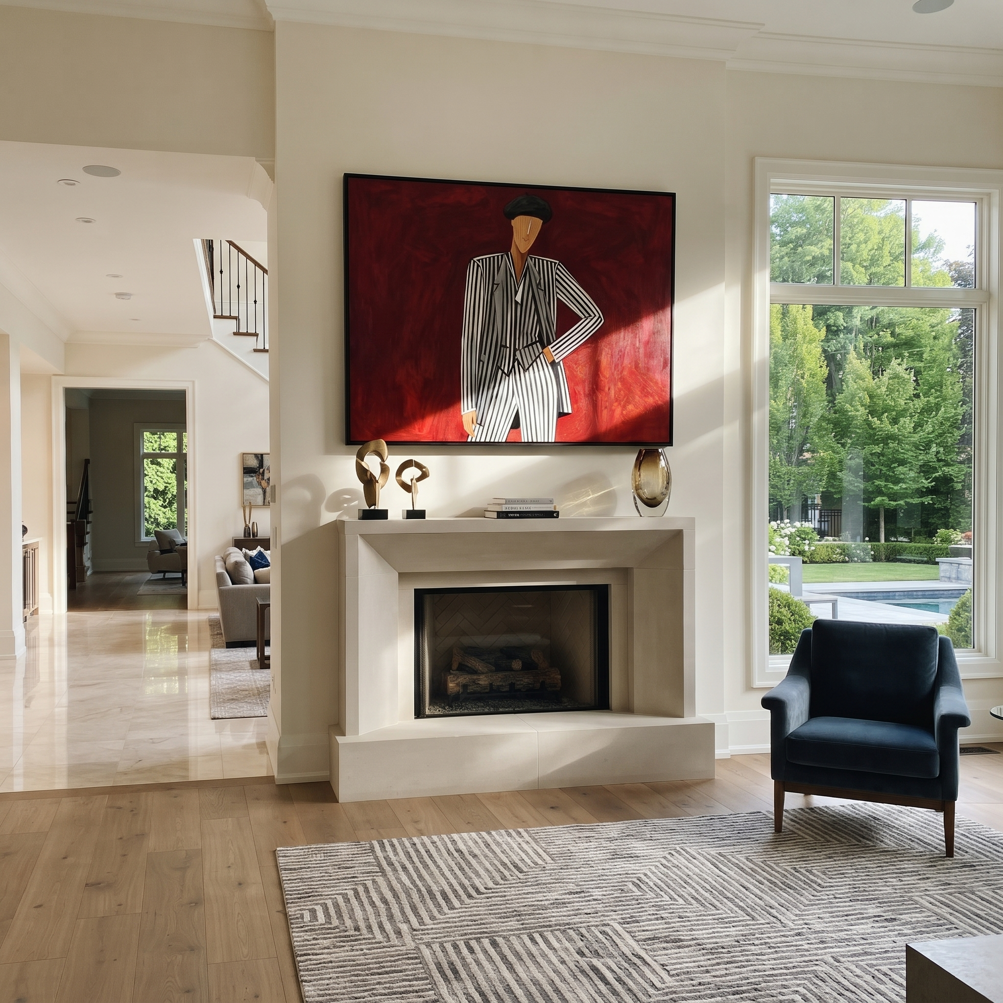Black Stripes Challenge Crimson - Pinstripe Beret Figure painting by Adrian Lee, mid-century modern horizontal wall art – styled room scene view 5