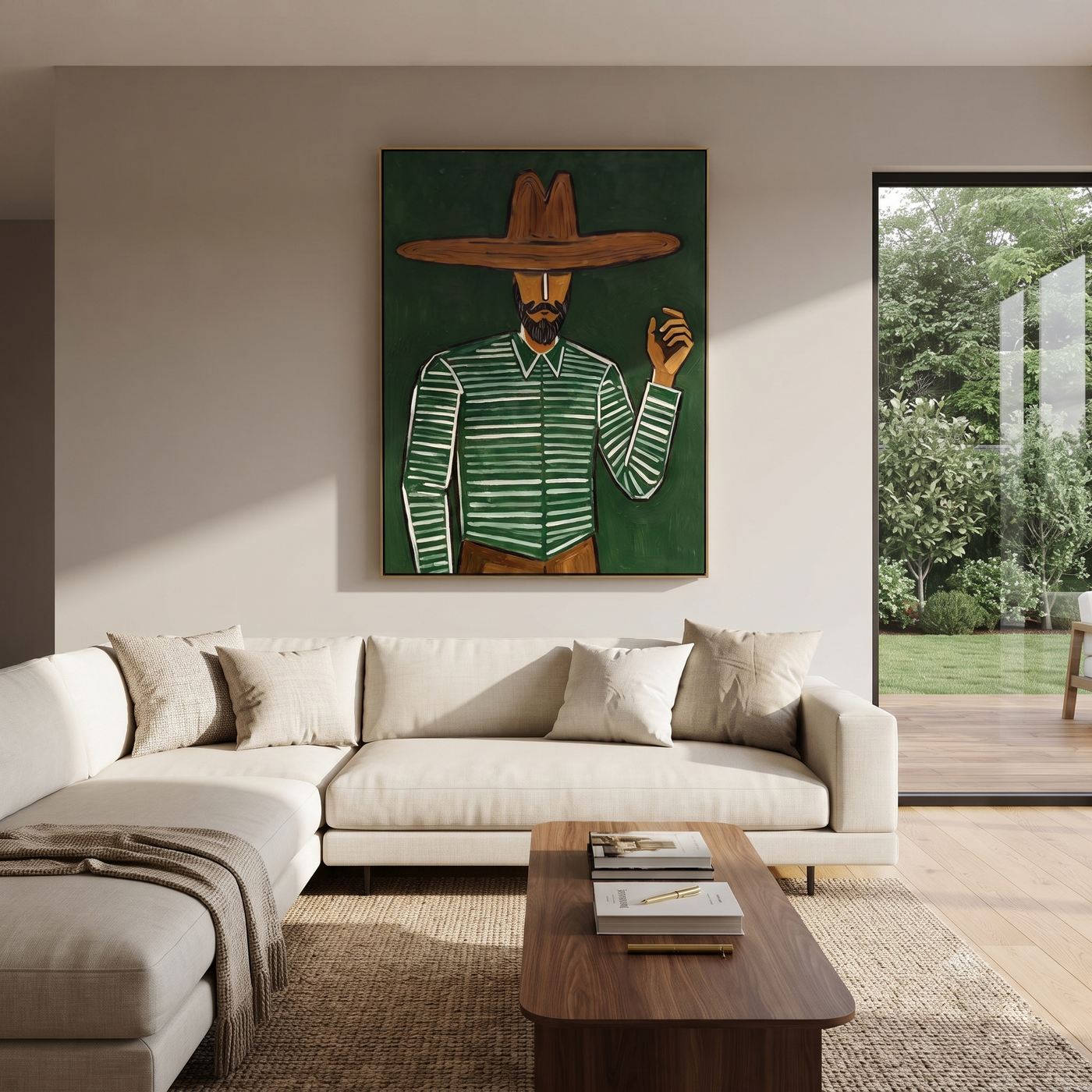 Forest Lines Raise a Hand - Bearded Green Hat Figure painting by Adrian Lee, mid-century modern vertical wall art – styled room scene view 1