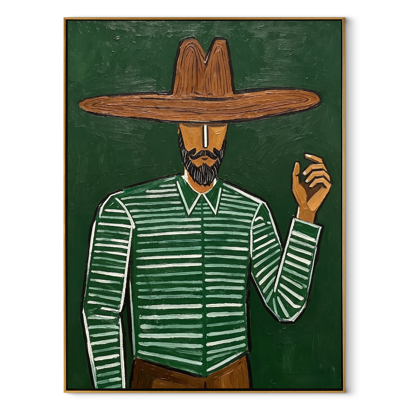 Forest Lines Raise a Hand - Bearded Green Hat Figure painting by Adrian Lee, mid-century modern vertical wall art – wood frame on white background