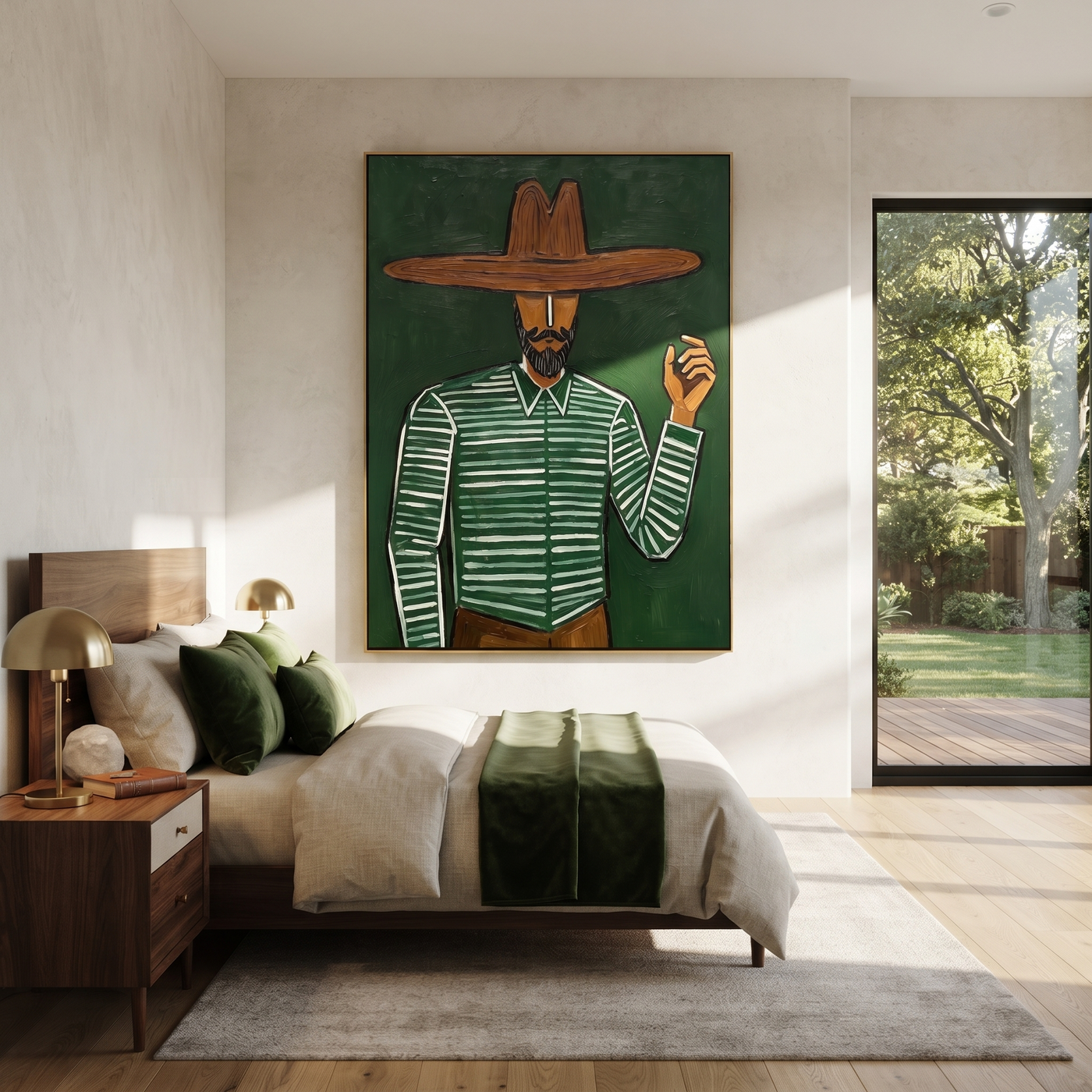 Forest Lines Raise a Hand - Bearded Green Hat Figure painting by Adrian Lee, mid-century modern vertical wall art – styled room scene view 2