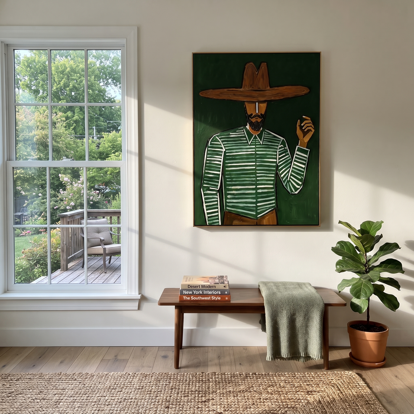 Forest Lines Raise a Hand - Bearded Green Hat Figure painting by Adrian Lee, mid-century modern vertical wall art – styled room scene view 3