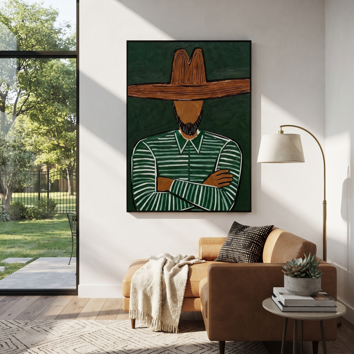 Forest Lines Fold Inward - Folded Arm Green Hat Figure painting by Adrian Lee, mid-century modern vertical wall art – styled room scene view 1