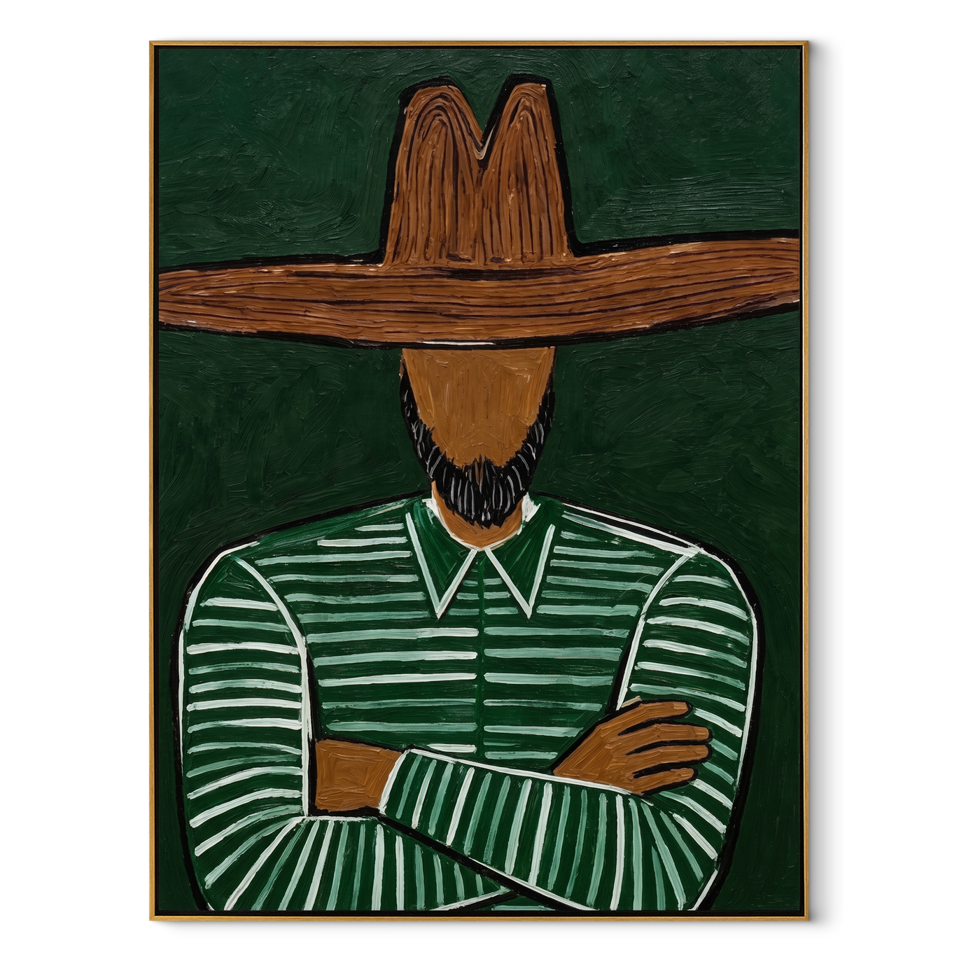 Forest Lines Fold Inward - Folded Arm Green Hat Figure painting by Adrian Lee, mid-century modern vertical wall art – wood frame on white background