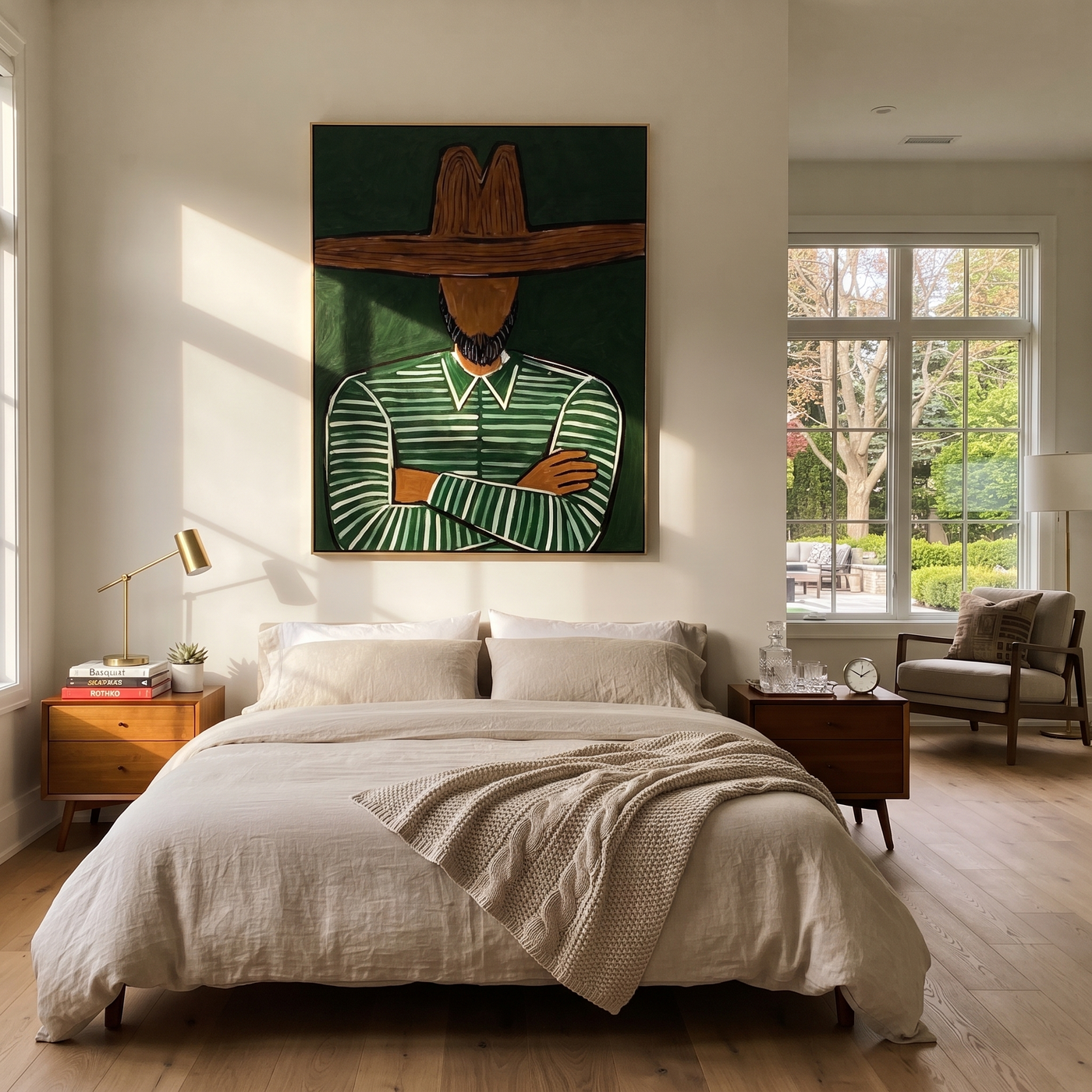 Forest Lines Fold Inward - Folded Arm Green Hat Figure painting by Adrian Lee, mid-century modern vertical wall art – styled room scene view 2