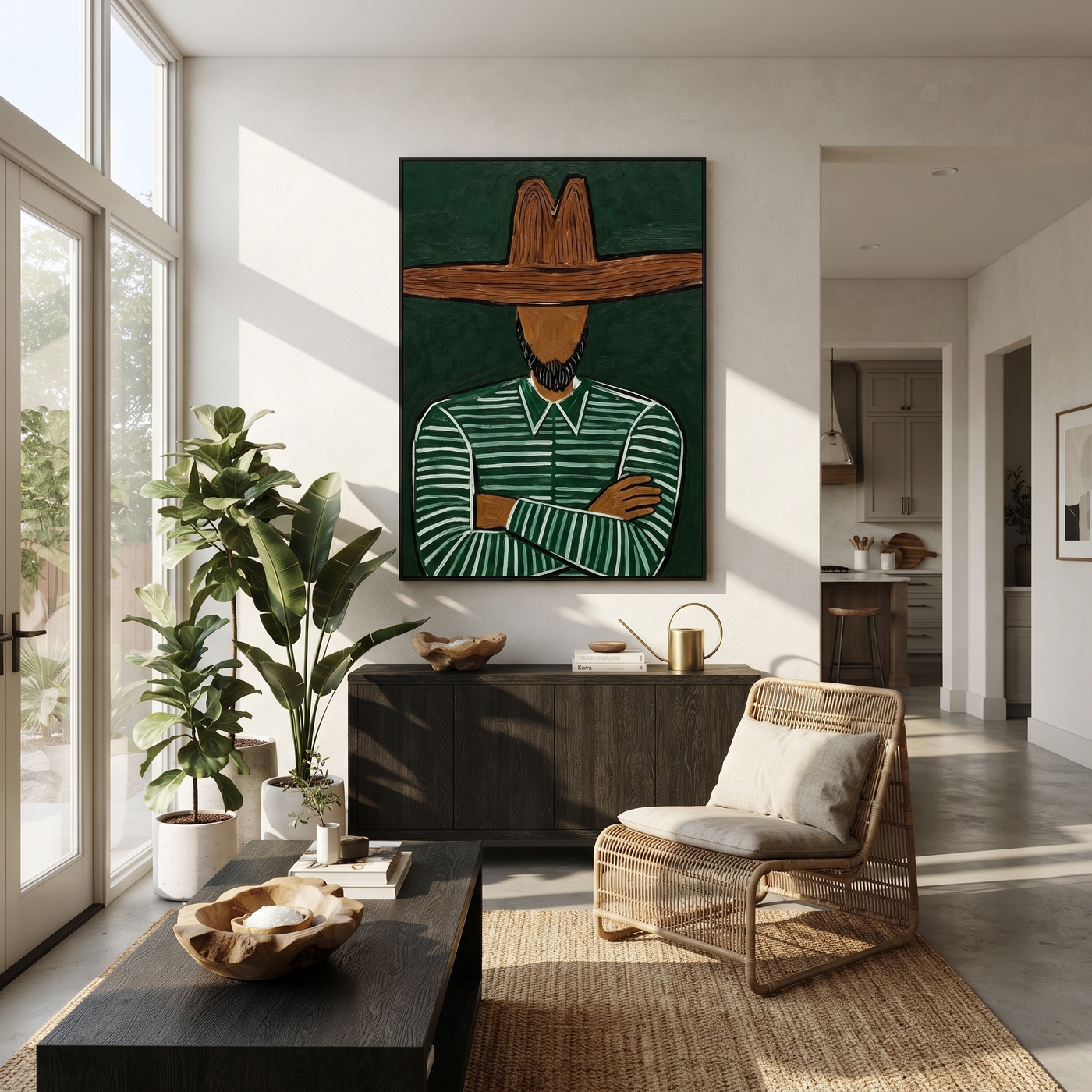 Forest Lines Fold Inward - Folded Arm Green Hat Figure painting by Adrian Lee, mid-century modern vertical wall art – styled room scene view 3