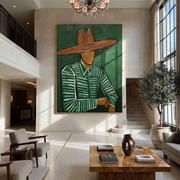 Forest Lines Hold the Waist - Green Hat Figure painting by Adrian Lee, mid-century modern vertical wall art – styled room scene view 1